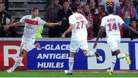 Zlatan Ibrahimovic celebrates a goal against Lille