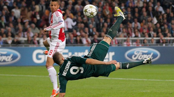 Real Madrid player Karim Benzema scores with a bicycle kick against Ajax