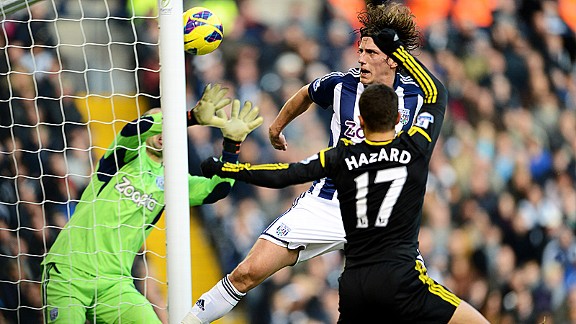 Eden Hazard squeezes home a header to bring Chelsea level at West Brom