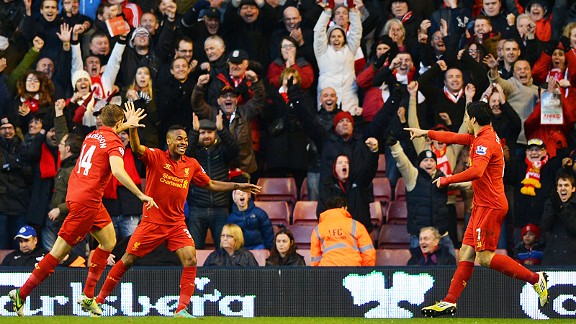Liverpool celebrate after Luis Suarez scored thir opening goal against Wigan