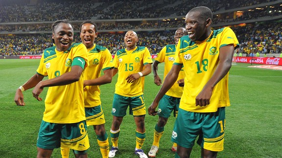 South Africa dance in jubilation after their goalless draw with Sierra Leone