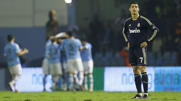 Cristiano Ronaldo of Real Madrid reacts to a Celta Vigo goal