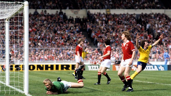 Arsenal's Alan Sunderland turns away to celebrate his late winner in 1979