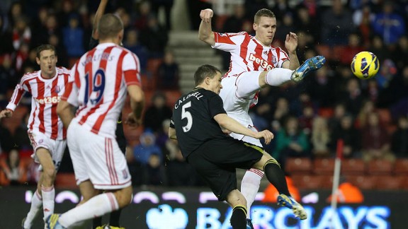 Ryan Shawcross puts Stoke City into the lead at home to Wigan