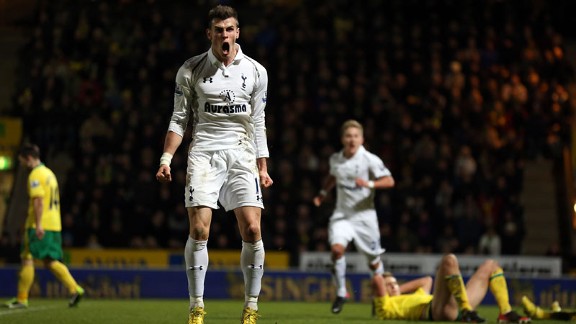 Gareth Bale celebrates after netting an equaliser for Tottenham at Norwich