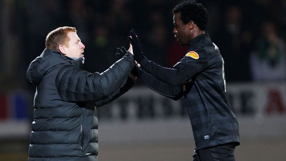 Neil Lennon celebrates Efe Ambrose's goal against St Johnstone