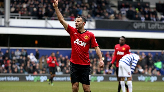 Ryan Giggs celebrates his goal for Manchester United against QPR