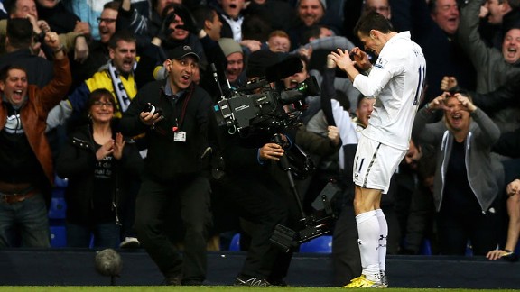 Gareth Bale celebrates after putting Tottenham into the lead in the North London derby