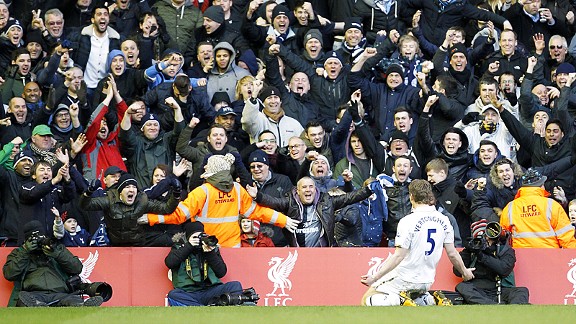 Jan Vertonghen celebrates after he fired Spurs into the lead at Anfield
