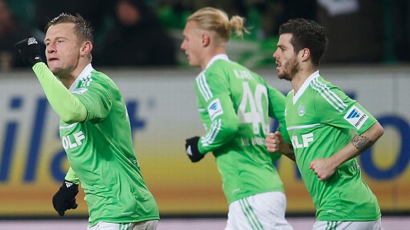 Ivica Olic celebrates after equalising for Wolfsburg