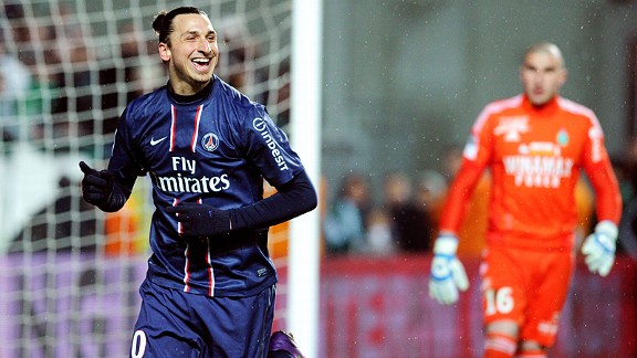 Zlatan Ibrahimovic celebrates after his chipped penalty put PSG two up at St Etienne