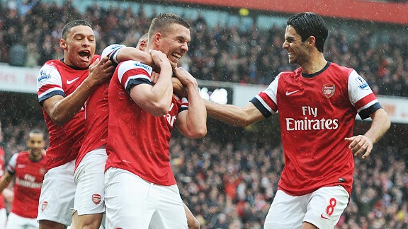 Arsenal celebrate Lukas Podolski's goal