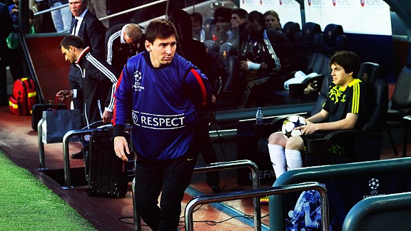Lionel Messi takes his place on the bench after being left out against Bayern Munich