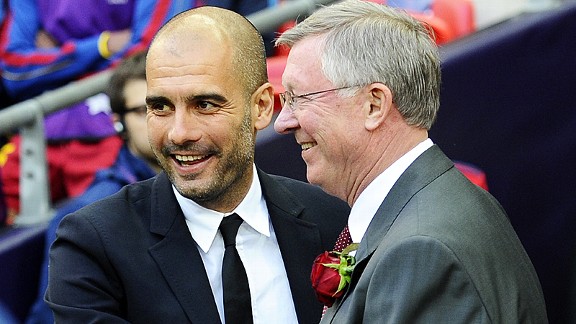 Pep Guardiola and Sir Alex Ferguson embrace before the 2011 Champions League final - but Guardiola's Barcelona lifted the trophy against United in both 2009 and 2011