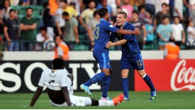 France duo Pierre Yves Polomat and Lucas Digne celebrate beating Ghana in the semi-finals.