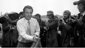 Brian Clough arrives at Elland Road for the first time to begin his doomed spell with Leeds.