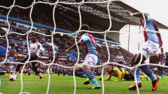 Liverpool's Daniel Sturridge rounds goalkeeper Brad Guzan to score the opening goal against Aston Villa.