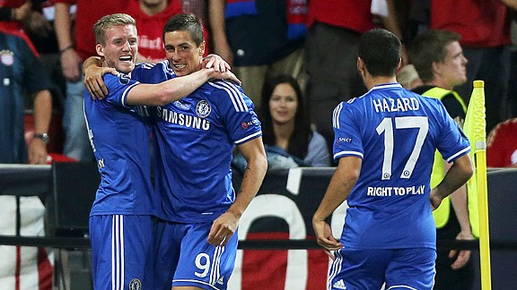 Chelsea celebrate Fernando Torres' goal against Bayern Munich.