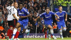 Chelsea celebrate after John Obi Mikel scored his first-ever Premier League goal.