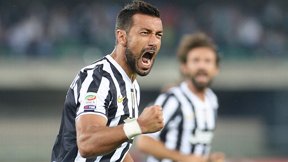 Fabio Quagliarella celebrates after scoring Juventus' leveller at Chievo.