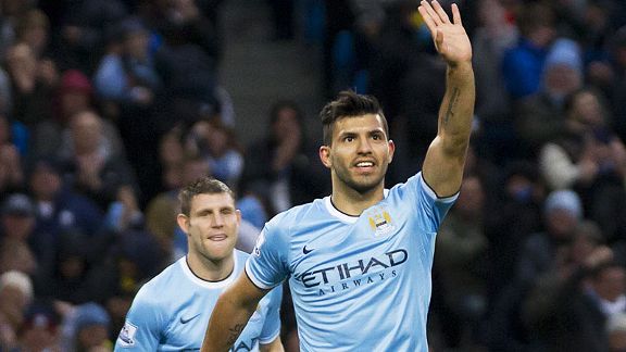 Sergio Aguero celebrates one of Manchester City's seven goals against Norwich