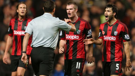West Brom players Andre Marriner vs Chelsea