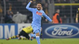 Lorenzo Insigne celebrates his goal for Napoli at Borussia Dortmund.