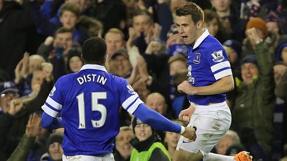 Seamus Coleman celebrates his goal for Everton against Fulham.