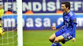 Andre Castro celebrates as Kasimpasa find the back of the net in the win over Besiktas.