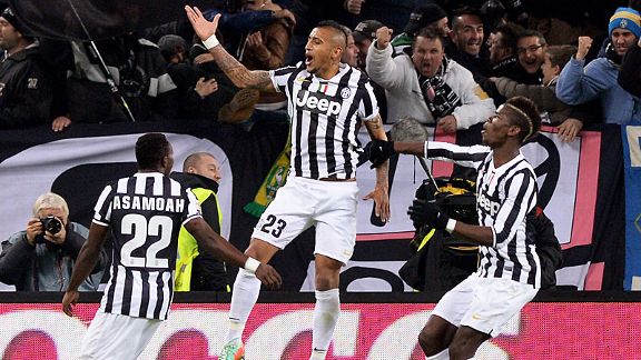 Arturo Vidal jumps for joy after giving Juventus the lead at home to AS Roma.