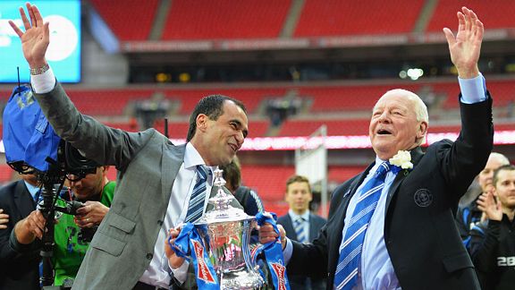 Wigan chairman Dave Whelan celebrates winning the FA Cup with his manager, Roberto Martinez.