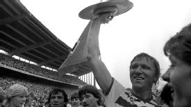 Hamburg captain Horst Hrubesch holds up the Bundesliga shield in 1983, the last time they were German champions.