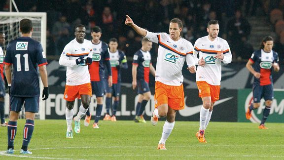 Daniel Congre of Montpellier celebrate his goal against PSG.