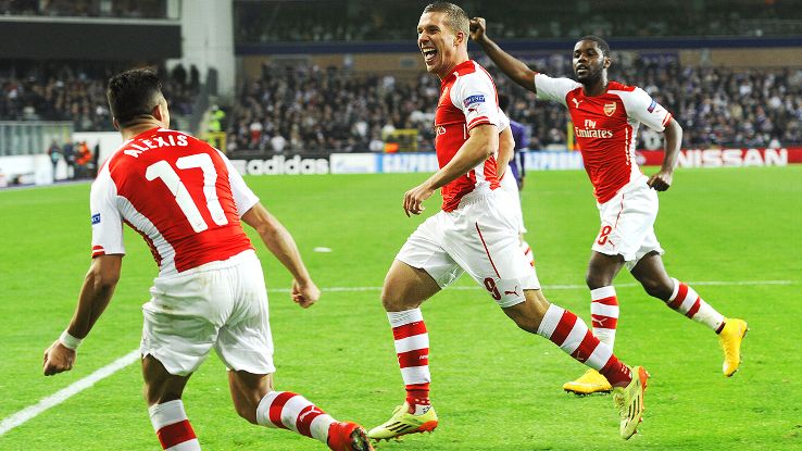 Lukas Podolski's late goal helped Arsenal earn all three points at Anderlecht.