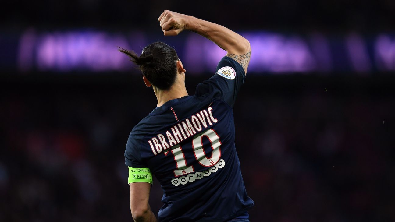  Zlatan Ibrahimovic celebrates a goal while playing for Paris Saint-Germain.