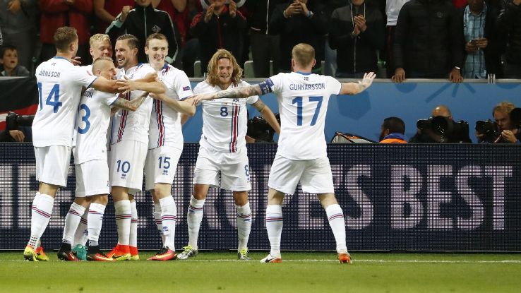 Iceland midfielder Birkir Bjarnason celebrates after scoring the equaliser against Portugal.