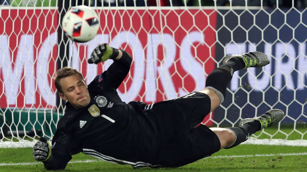 Germany goalkeeper Manuel Neuer hits himself in the face with a