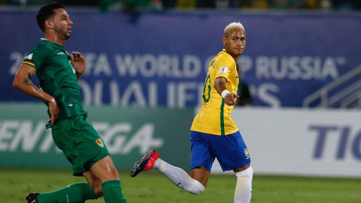 Neymar celebrates after scoring a goal in a runaway victory against Bolivia.