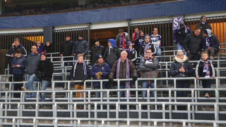 Anderlecht fans on the safe standing terraces of the Constant Vanden Stock Stadium during the Europa League match against Olympiakos.