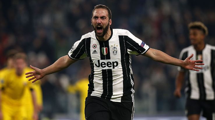 Gonzalo Higuain celebrates after scoring a goal for Juventus against Dinamo Zagreb.