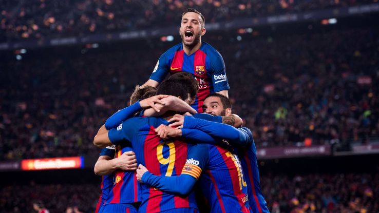 Barcelona celebrate after Luis Suarez's opening goal on Tuesday.