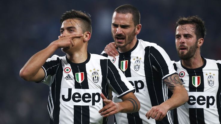 Paulo Dybala celebrates after scoring a penalty against Napoli in the Coppa Italia.