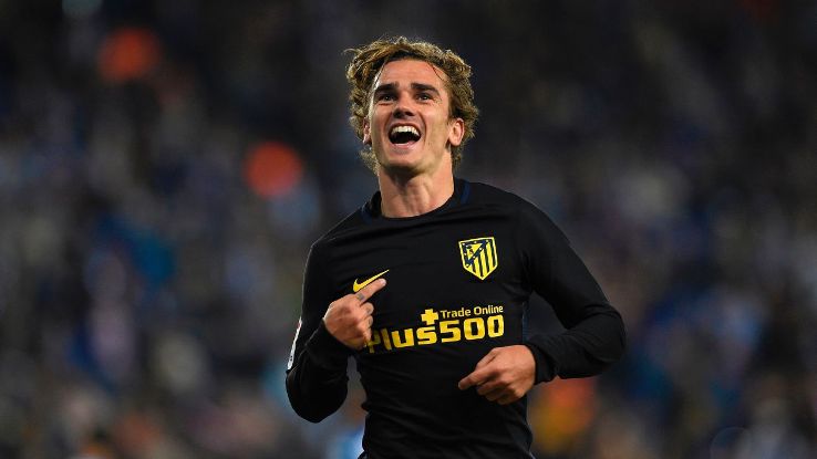 Antoine Griezmann celebrates after scoring a goal for Atletico Madrid versus Espanyol.