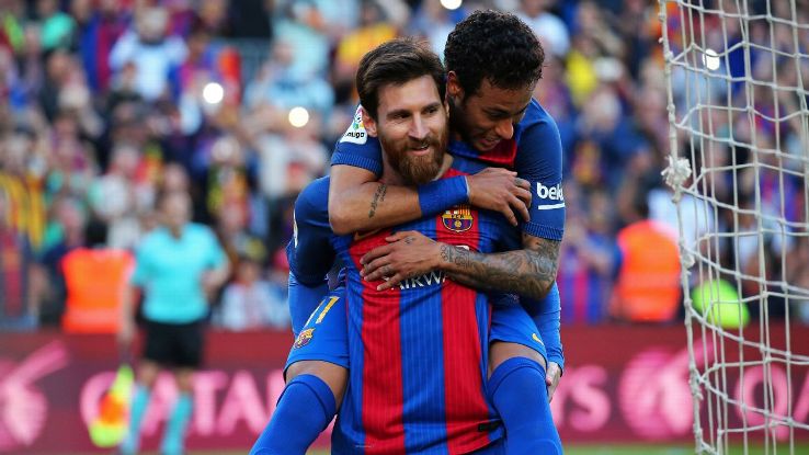 Leo Messi and Neymar Jr. celebrate during the match between Barcelona and Villarreal on May 6, 2017. (Photo by Urbanandsport/NurPhoto via Getty Images)