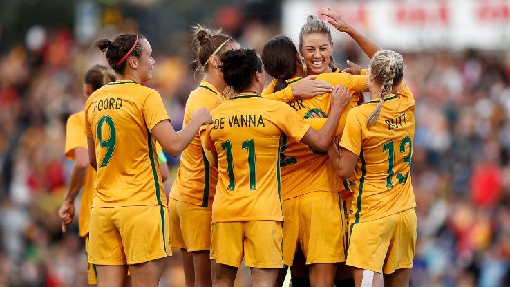 The Matildas celebrate Samantha Kerr's goal.