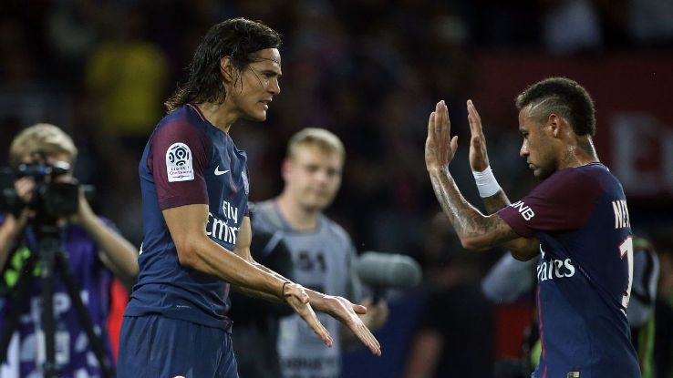 Edinson Cavani and Paris Saint-Germain teammate Neymar celebrate a goal against St Etienne.