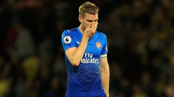 Per Mertesacker during Arsenal's 2-1 Premier League defeat to Watford.