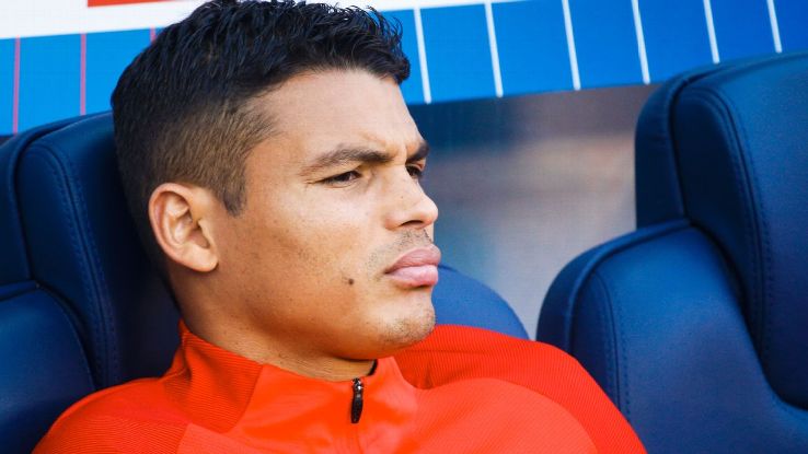 Thiago Silva looks on from the Paris Saint-Germain bench