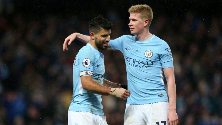 Sergio Aguero and Kevin De Bruyne celebrate for Man City.