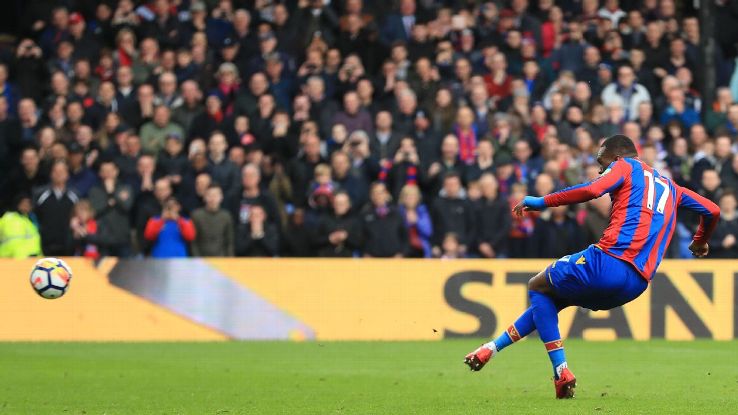 Christian Benteke scores for Crystal Palace in the Premier League win against Leicester.